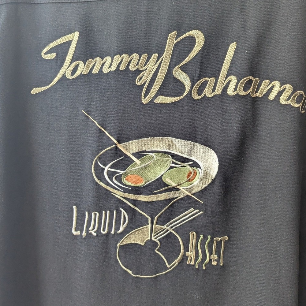 Tommy Bahama Button Up Silk Camp Shirt Black Liquid Asset Martini Graphic XL